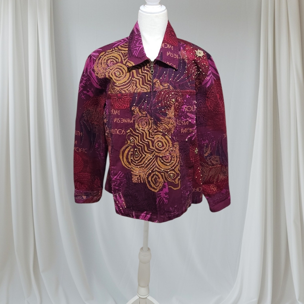 Units Vintage Zip Jacket.Purple Gold Tapestry Beading. South Pacific Design. L